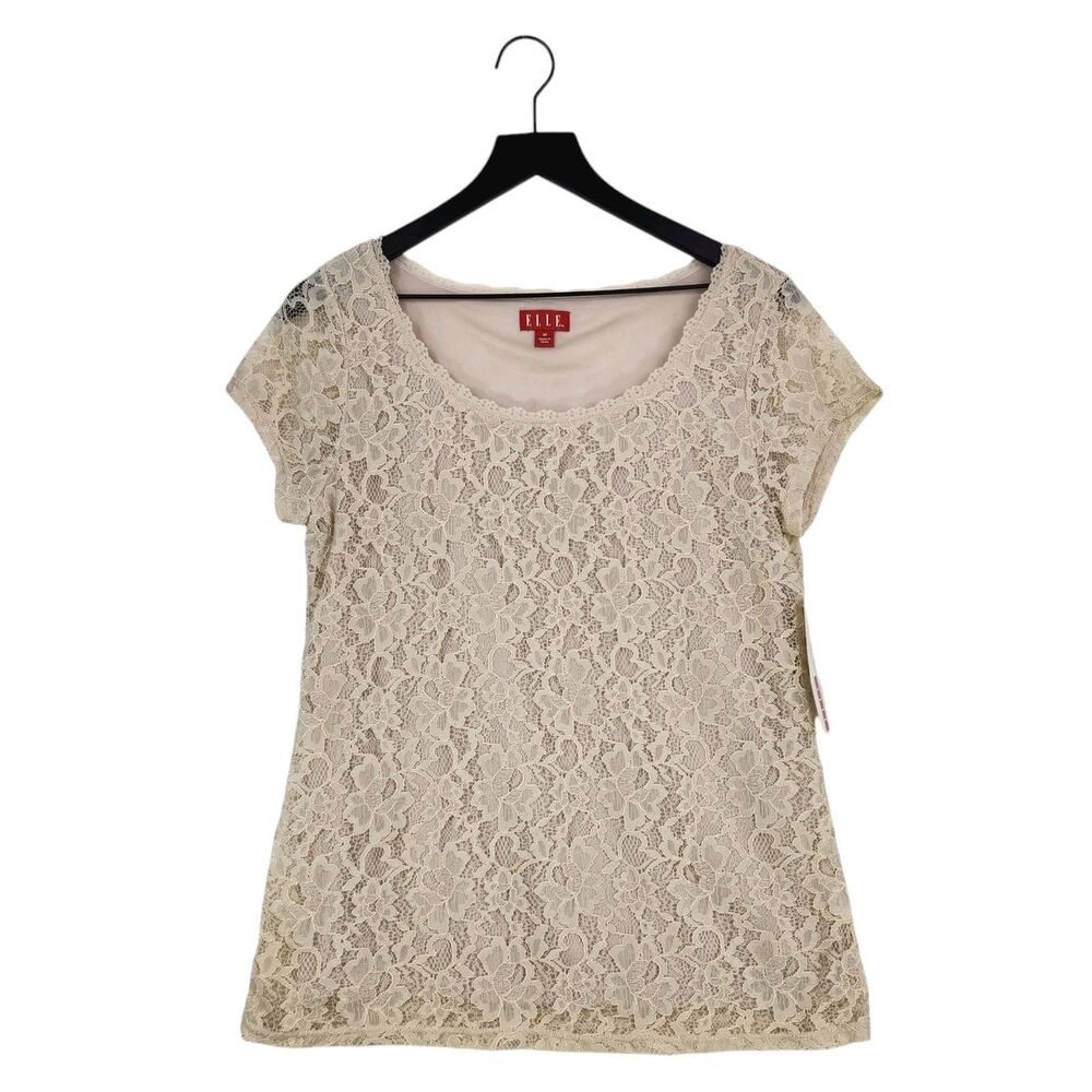NWT ELLE Womens Floral Lace Top Sz Medium Beige Lined Fairy Cottagecore Feminine